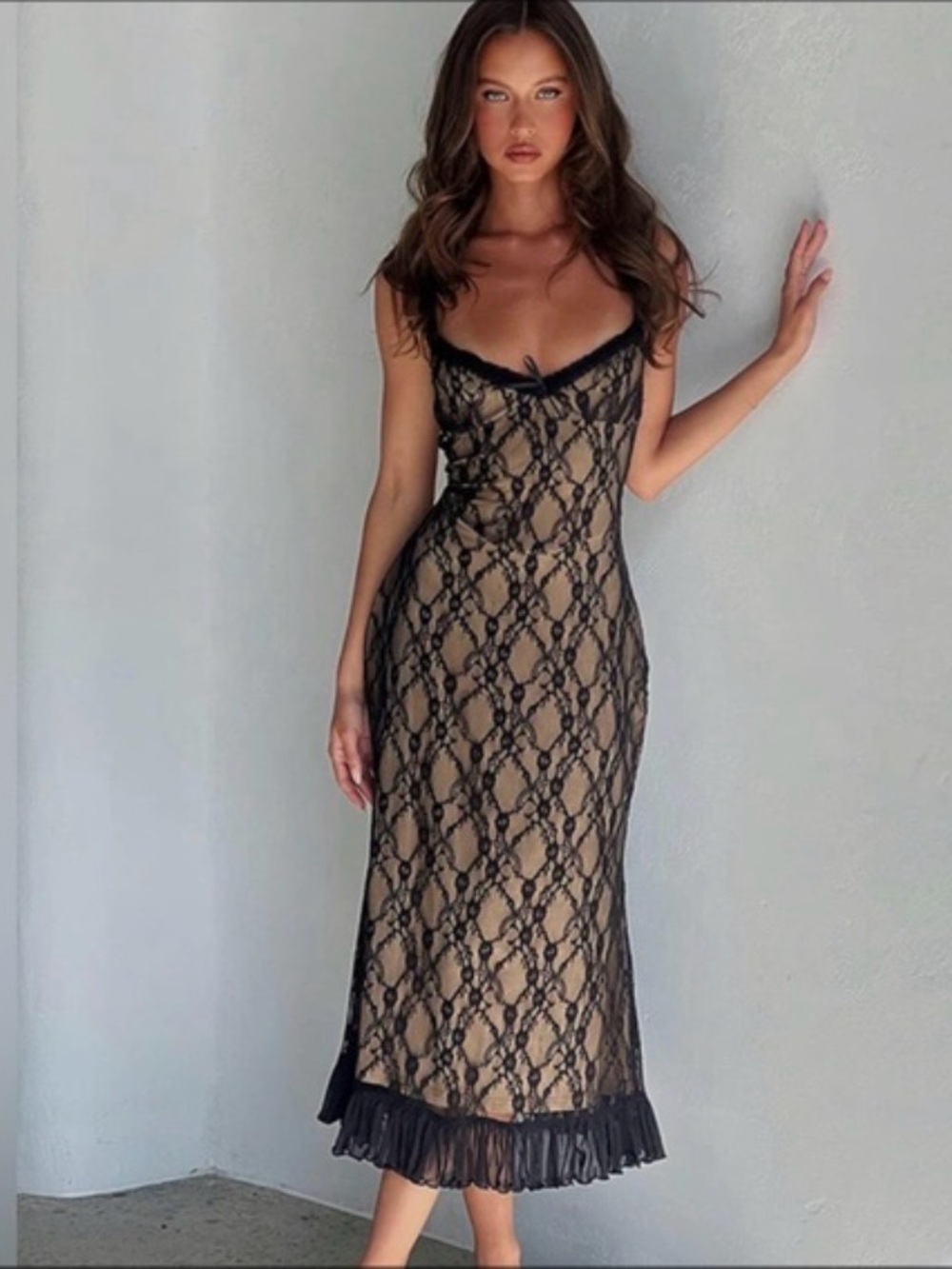 Black Lace Midi Dress | Sheer Nude Underlay | Elegant & Sexy | New